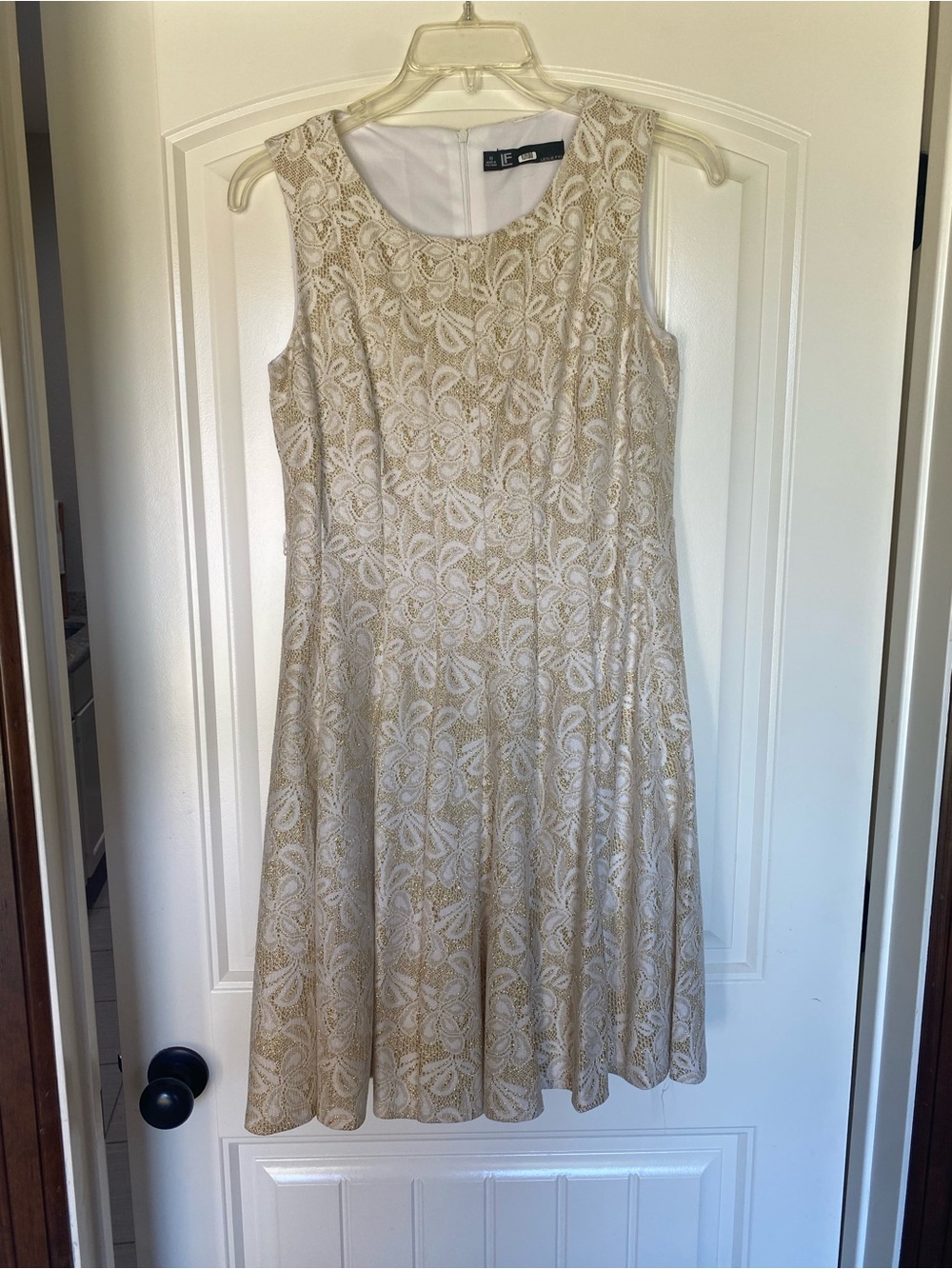 Leslie Fay Cream and Gold Floral Lace Sleeveless Fit-and-Flare Dress
